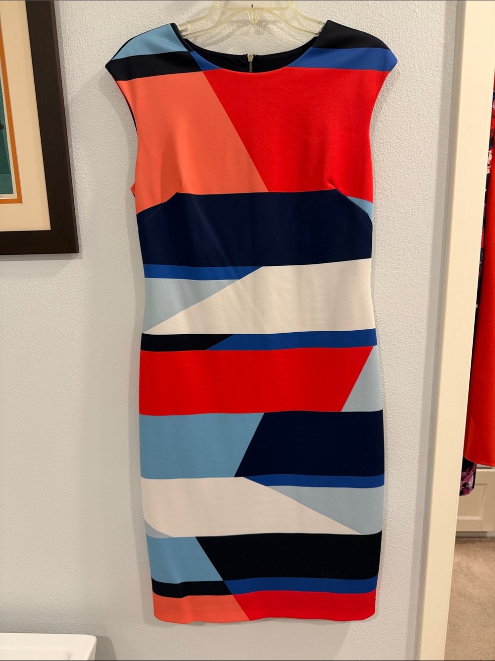 Vince Camuto Colorblock Geometric Midi Dress in Red, Navy & Light Blue
